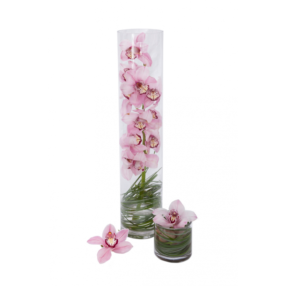 3 separate pieces : 1 Stem of pink cymbidium orchid in a tall, round, clear glass vase with grass,  1 small, low, round vase with a cymbidium flower and grass and  1 single head of head of cymbidium flower.