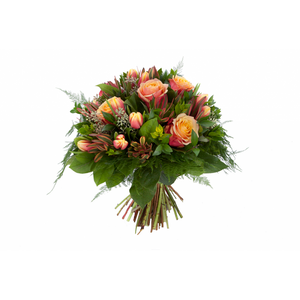 Round hand tied bouquet, orange tulips, orange roses, safari sunset, seeded ivy, asparagus fern, lush foliage