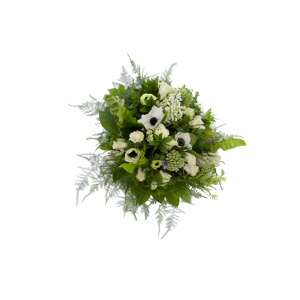 Round hand tied bouquet, white anemones, white roses, white lilac, lavender hyacinths and lush foliage