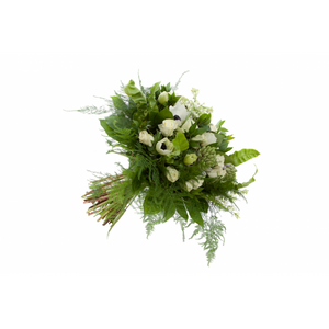 Round hand tied bouquet, white anemones, white roses, white lilac, lavender hyacinths and lush foliage