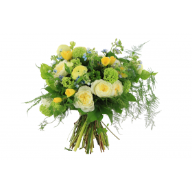 Round hand tied bouquet, yellow roses, yellow ranunculus, yellow daffodils, green viburnum, blue tweedia and lush greenery