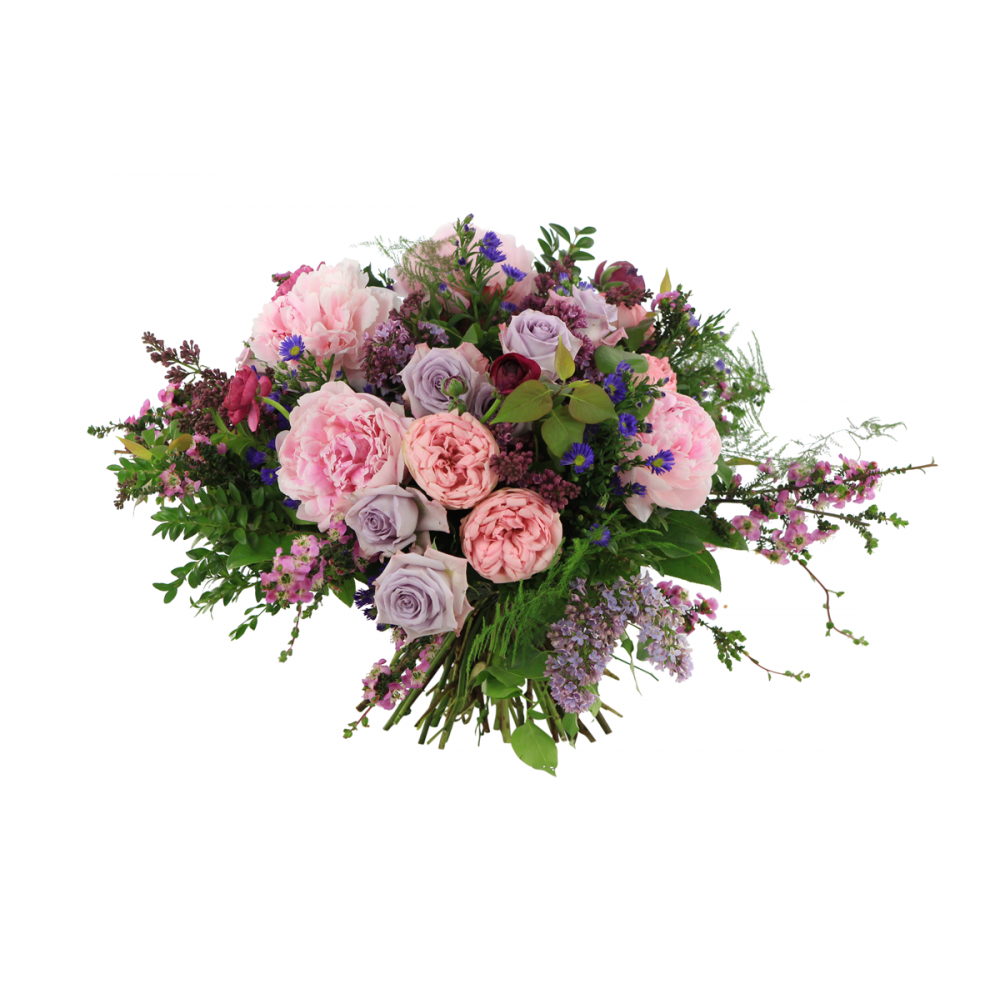 Round hand tied bouquet, pink peonies, lavender roses, pink ranunculus, lilac and lush foliage
