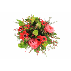 Round hand tied bouquet, red anemones, coral peonies, orange chincherinchee, green ranunculus, red wax flower and lush foliage