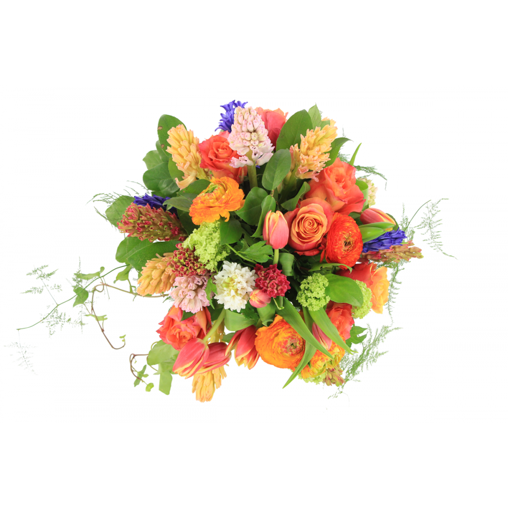 Round hand tied bouquet, orange roses, orange ranunculus, orange tulips, pink and white hyacinths, lush foliage
