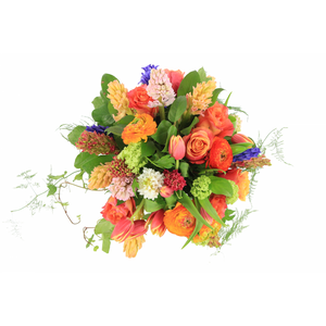 Round hand tied bouquet, orange roses, orange ranunculus, orange tulips, pink and white hyacinths, lush foliage