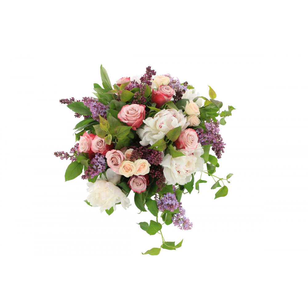 Round hand tied bouquet, white peonies, white spray roses, pink roses, lilac and lush foliage