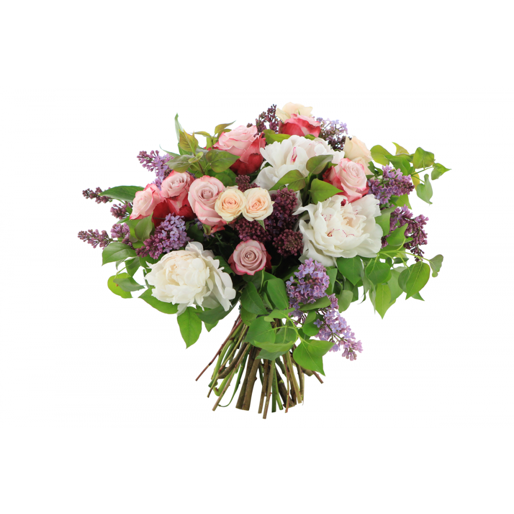 Round hand tied bouquet, white peonies, white spray roses, pink roses, lilac and lush foliage