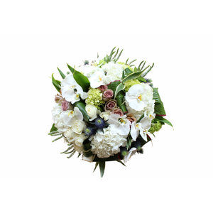 Flower arrangement in a medium tall, square, white, ceramic vase, green and white hydrangea, blue thistle, white veronica, pink roses and white phalaenopsis orchids