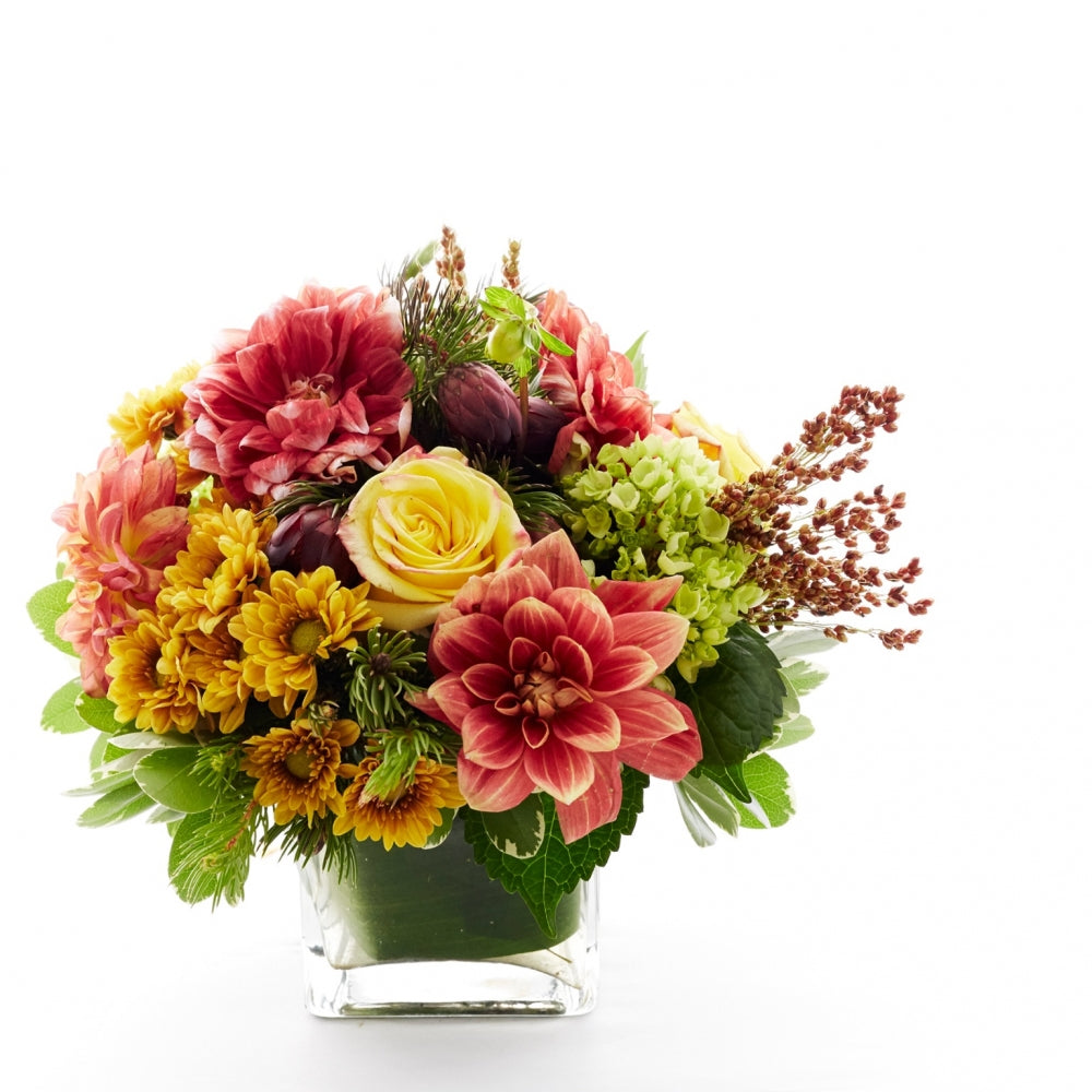Flower arrangement in a low, square, clear glass vase, orange dahlias,green hydrangea, yellow roses and orange mums