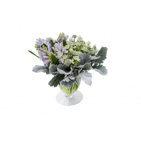 Flower arrangement in a low, tulip shape, glass vase, lavender hyacinths, white astrantia and dusty miller