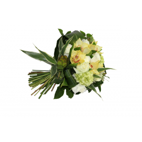 Round hand tied bouquet, green hydrangea, white roses, yellow cymbidium orchids wrapped in aspidistra leaves.